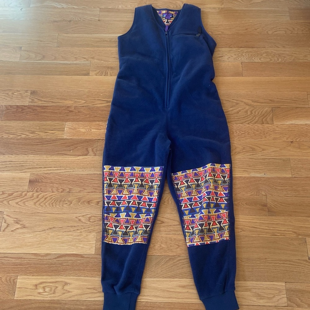 RARE Patagonia synchilla Jumpsuit w Patches- Navy Blue Size Medium- Fleece Onsie